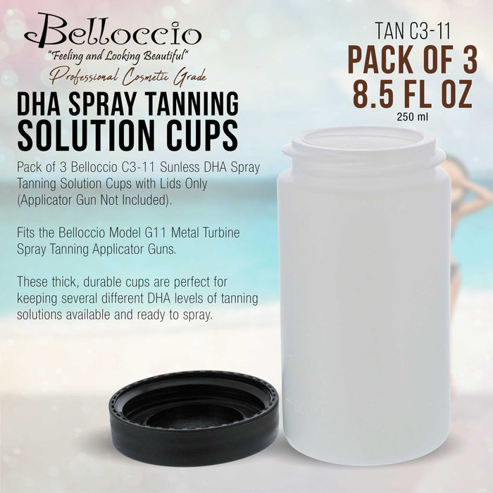 Sunless DHA Spray Tanning Solution Cups with Lids (Pack of 3) - 8 oz Plastic Cups for Belloccio Model G11 Metal Turbine Spray Tanning Applicator Gun