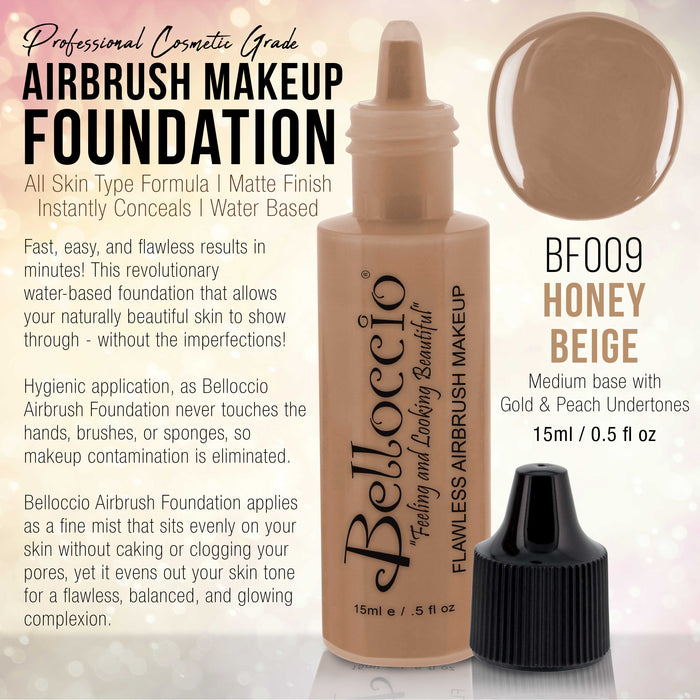 HONEY BEIGE Color Shade Belloccio Professional Airbrush Makeup Foundation, 1/2 oz.