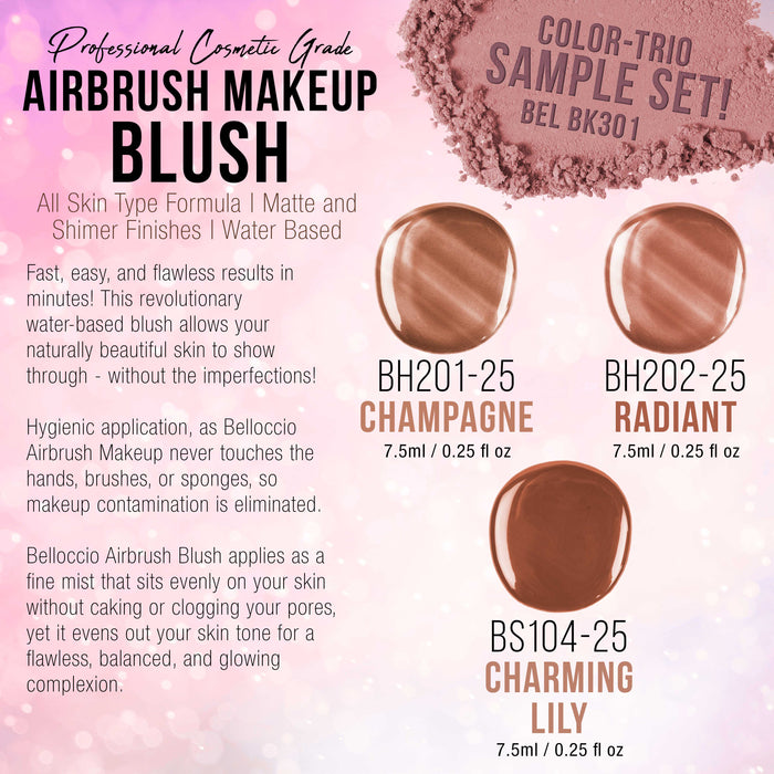 Blush, Shimmer and Bronzer Shade Set (Trio Set) of Belloccio's Professional Airbrush Makeup in 1/4 oz. Bottles