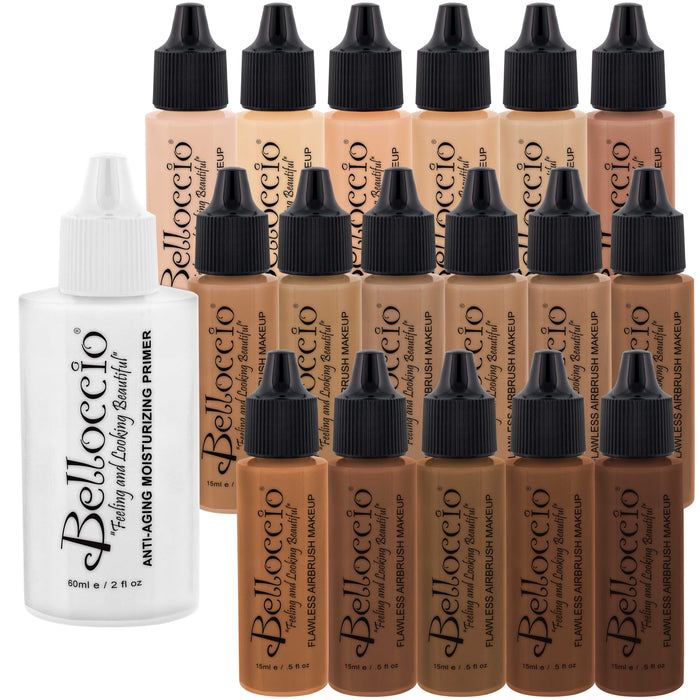 Master Set Of All 17 Foundation Shades of Belloccio's Professional Cosmetic Airbrush Makeup, 1/2 oz. Bottles plus a 2 oz. Moisturizing Primer