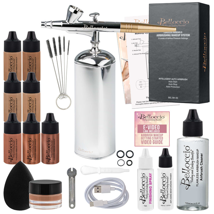 Belloccio Complete Cordless Handheld Airbrush Cosmetic Makeup System with 4 Tan Foundation Shades, 18-Piece Kit, Primer, Blush, Bronzer, Highlighter