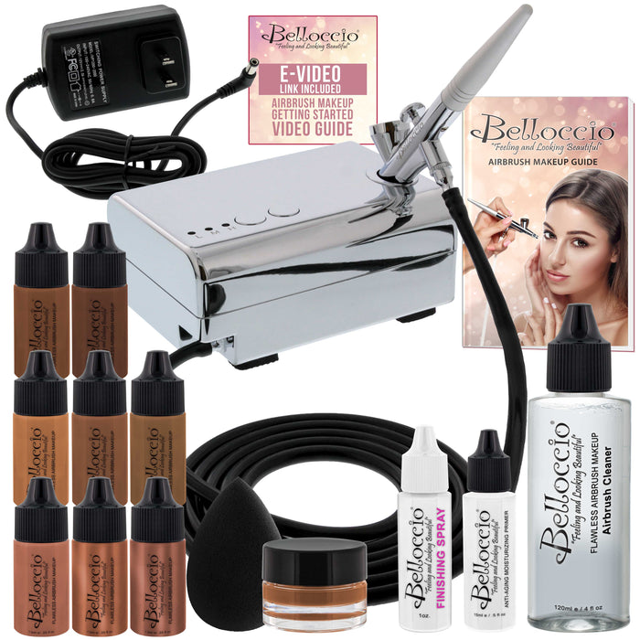 Belloccio Professional Beauty Airbrush Cosmetic Makeup System with 5 Dark Shades of Foundation in 1/4 oz Bottles