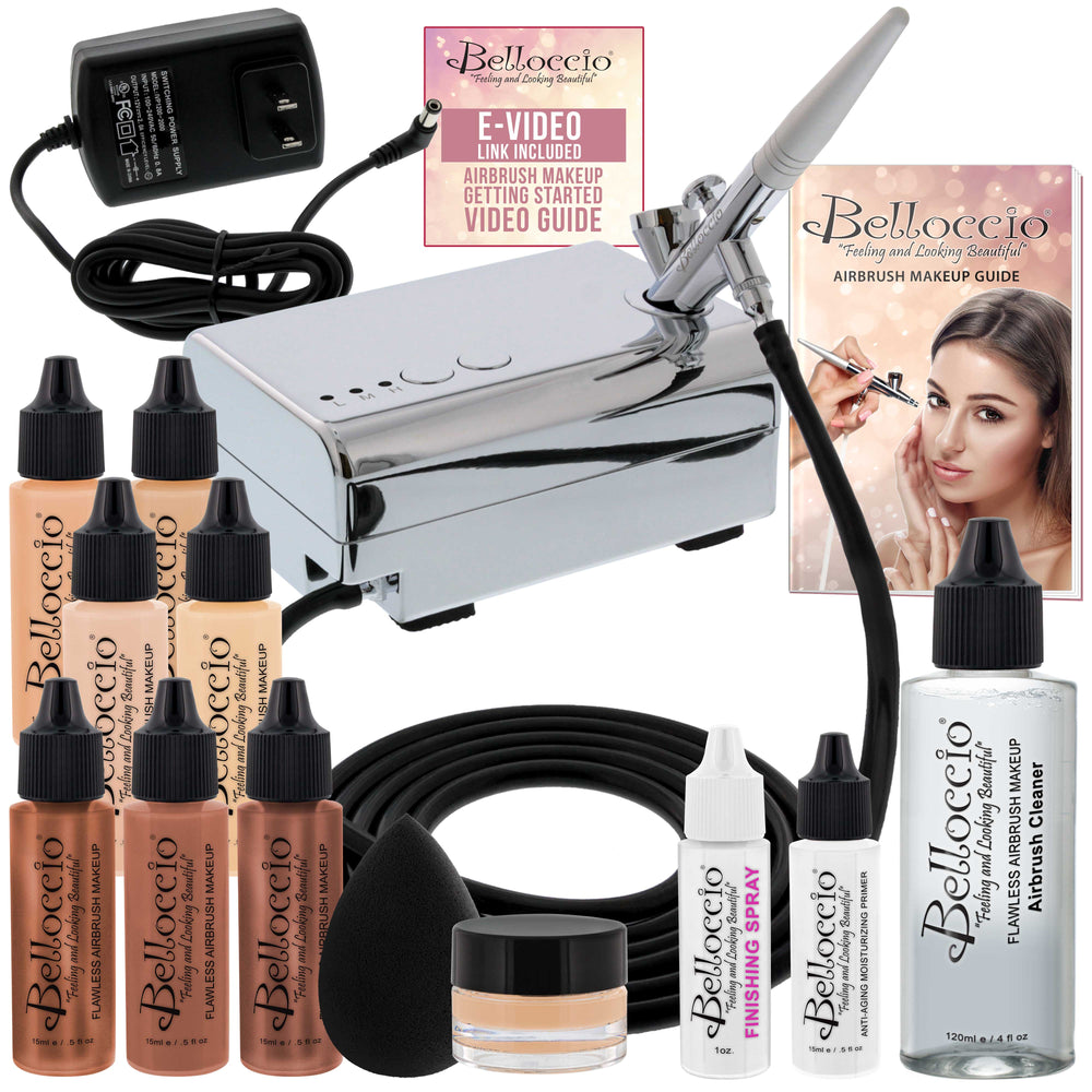 Belloccio Professional Beauty Deluxe Airbrush Cosmetic Makeup System with 4 Fair Shades of Foundation in 1/2 oz Bottles