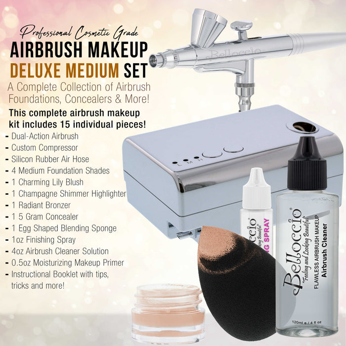 Belloccio Professional Beauty Deluxe Airbrush Cosmetic Makeup System with 4 Medium Shades of Foundation in 1/2 oz Bottles