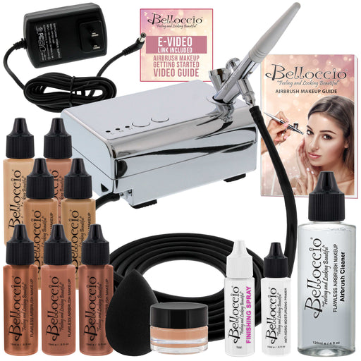 Belloccio Professional Beauty Deluxe Airbrush Cosmetic Makeup System with 4 Medium Shades of Foundation in 1/2 oz Bottles