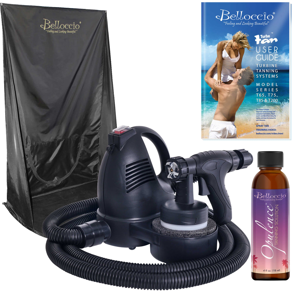 Belloccio Premium T75 Sunless Turbine Spray Tanning System; Spray Tanning Curtain, 4 oz. Opulence Tanning Solution & Free Video