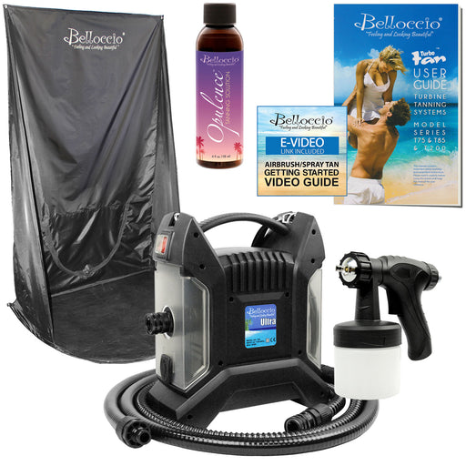 Belloccio Ultra Pro T85-QC High Performance Sunless Turbine Spray Tanning System; 4 oz. Opulence Tanning Solution, Spray Tanning Curtain & Video