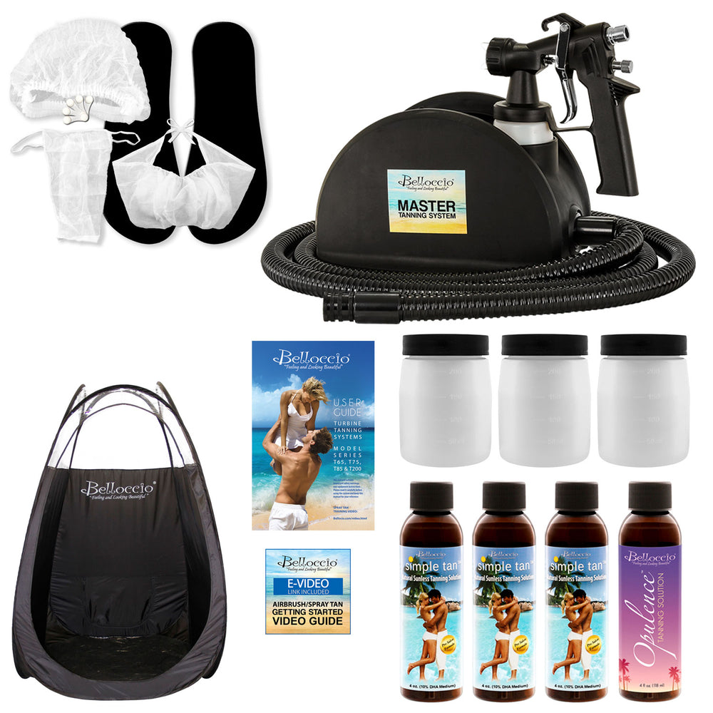 Master T95 High Performance Sunless Turbine Spray Tanning System; 4 Solution Variety Pack with Opulence & 8, 10, 12% DHA Simple Tan, Tent, Accessories