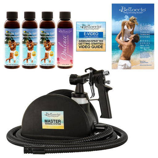 Belloccio Master T95 High Performance Sunless Turbine Spray Tanning System; 4 Solution Variety Pack with Opulence & 8, 10, 12% DHA Simple Tan