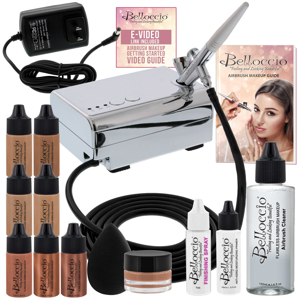 Belloccio Professional Beauty Airbrush Cosmetic Makeup System with 4 Tan Shades of Foundation in 1/4 oz Bottles