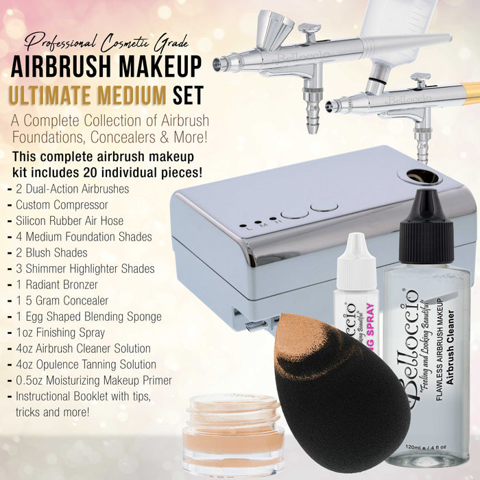 Belloccio Ultimate Airbrush Makeup & Spray Tanning System; Makeup & Tanning Airbrushes, Medium Shade Foundations, Blushes & Tanning Solution