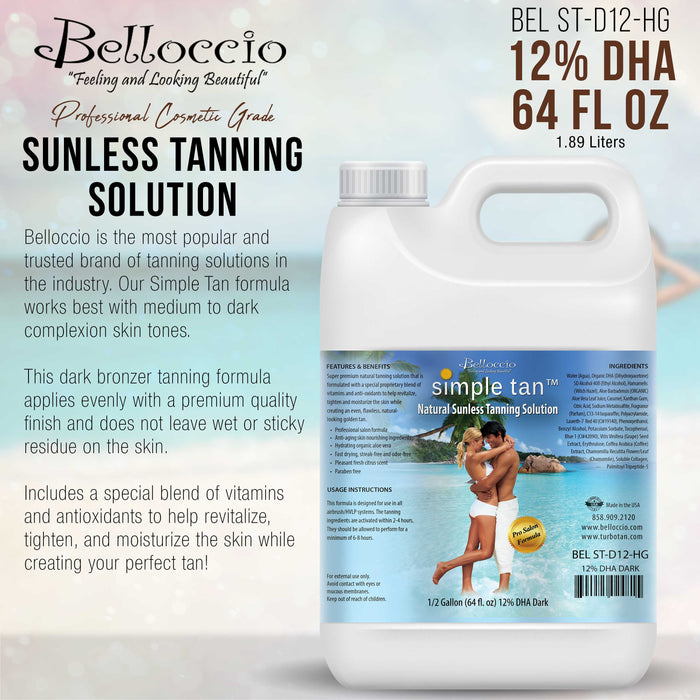 1/2 Gallon of Belloccio Simple Tan Professional Salon Sunless Tanning Solution with 12% DHA and Dark Bronzer Color Guide