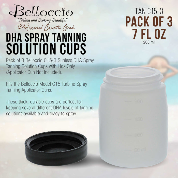 C15 Sunless DHA Spray Tanning Solution Cups with Lids (Pack of 3) - 7 oz. Plastic Cups for Belloccio Model G15 Spray Tanning Applicator Gun
