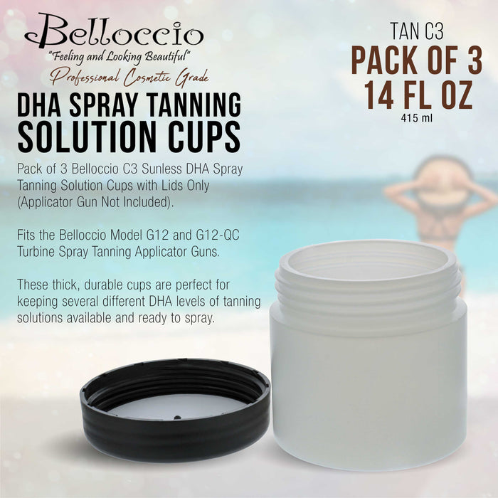 C3 Sunless DHA Spray Tanning Solution Cups with Lids (Pack of 3) - 14 oz. Plastic Cups for Belloccio Model G12 & G12-QC Spray Tanning Applicator Guns