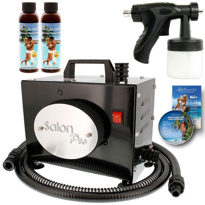 Salon Pro T200-12, 2 Stage Turbine Sunless HVLP Spray Tanning System; 2 Simple Tan DHA Tanning Solutions & User Guide Video