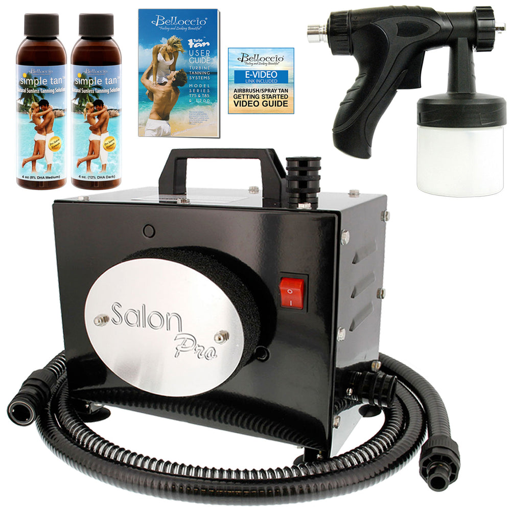 Salon Pro T200-12, 2 Stage Turbine Sunless HVLP Spray Tanning System; 2 Simple Tan DHA Tanning Solutions & User Guide Video