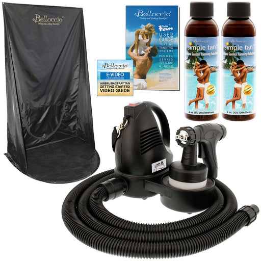 Belloccio Premium T75 Sunless HVLP Turbine Spray Tanning System with 4 oz. Simple Tan 8% DHA & 12% DHA Tanning Solutions, Curtain & Video