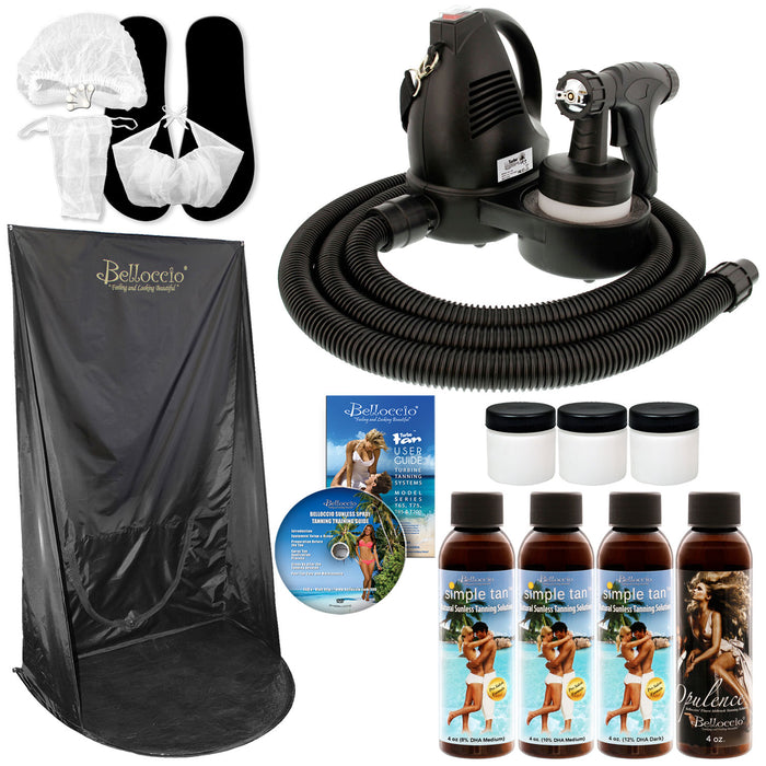 Belloccio Premium T75 Sunless HVLP Turbine Spray Tanning System; Simple Tan 4 Solution Variety Pack, Curtain, Accessories & Video Link
