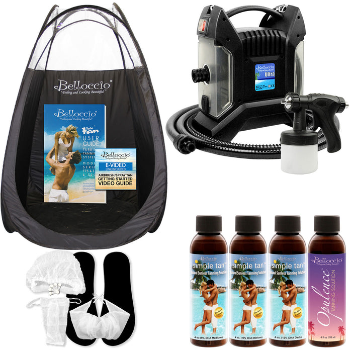 Ultra Pro T85-QC High Performance Sunless Turbine Spray Tanning System; Belloccio 4 Solution Variety Pack, Tanning Tent, Accessories and Video