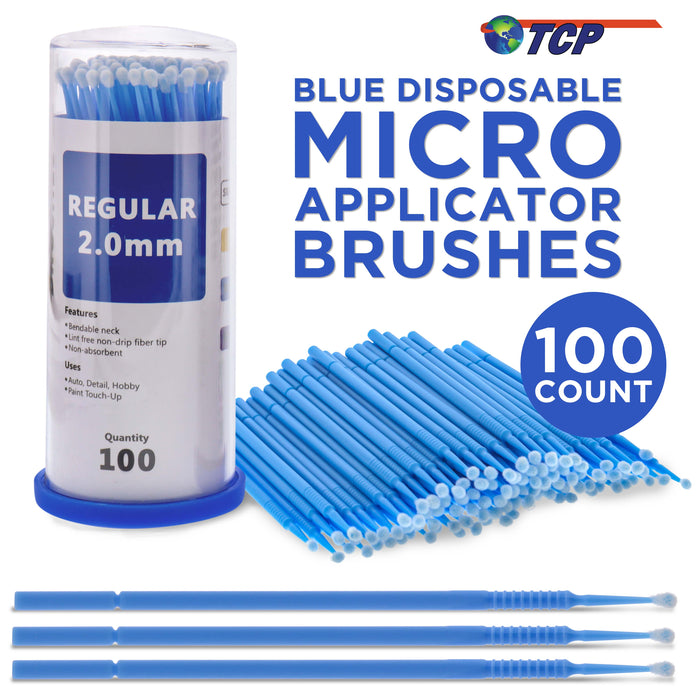 TCP Global Eyelash Extension Micro Brushes, 100 Medium 2.0 mm Tip Size Blue Disposable Brush Applicators - Apply Makeup, Paint Touch Up