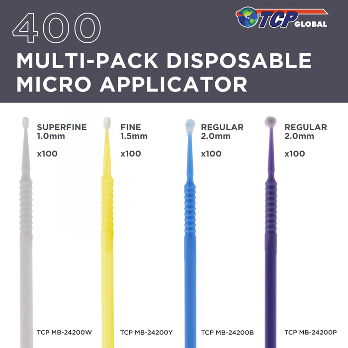 TCP Global 400 Eyelash Extension Micro Brushes - Brush Applicator Tip Sizes 1.0 mm Superfine White, 1.5 mm Fine Yellow, 2.0 mm Medium Blue & Purple