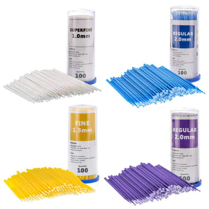 400 Eyelash Extension Micro Brushes - Brush Applicator Tip Sizes 1.0 mm Superfine White, 1.5 mm Fine Yellow, 2.0 mm Medium Blue & Purple