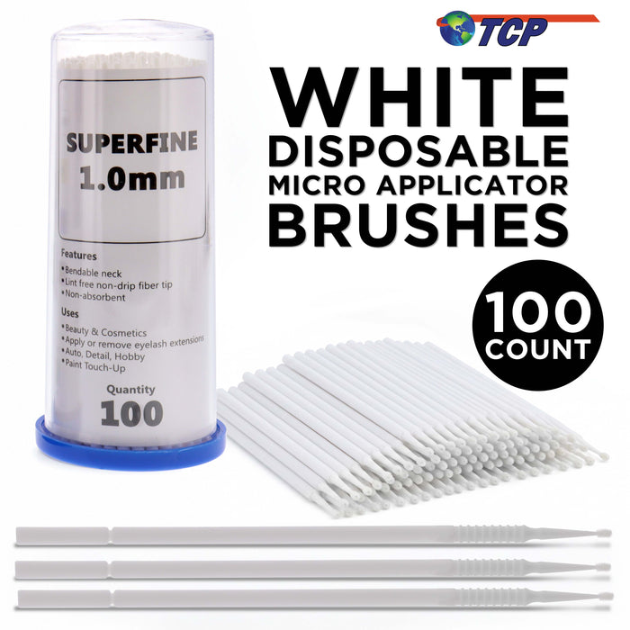 TCP Global Paint Touch Up Micro Brushes, 100 Superfine 1.0 mm Tip Size White Brush Applicators - Auto Body Shop, Auto Car Detailing, Hobby