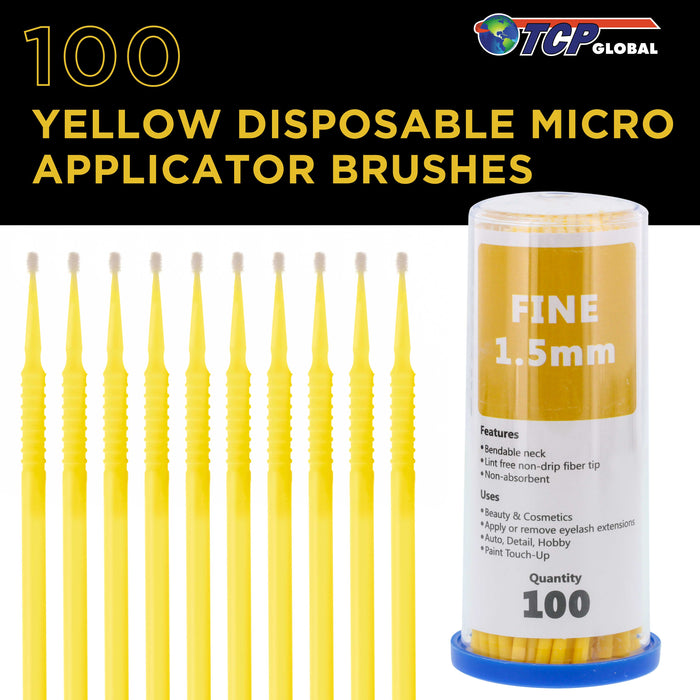 TCP Global Paint Touch Up Micro Brushes, 100 Fine 1.5 mm Tip Size Yellow Brush Applicators - Auto Body Shop, Auto Car Detailing, Hobby